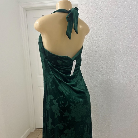 Dark Green Halter Midi Dress Floral Jacquard Tie Back Velvet Event Cocktail M - Picture 5 of 7